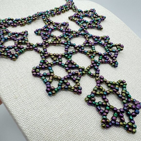 Statement Necklace Seed Beads Peacock Colours Stars Handmade - Picture 5 of 8